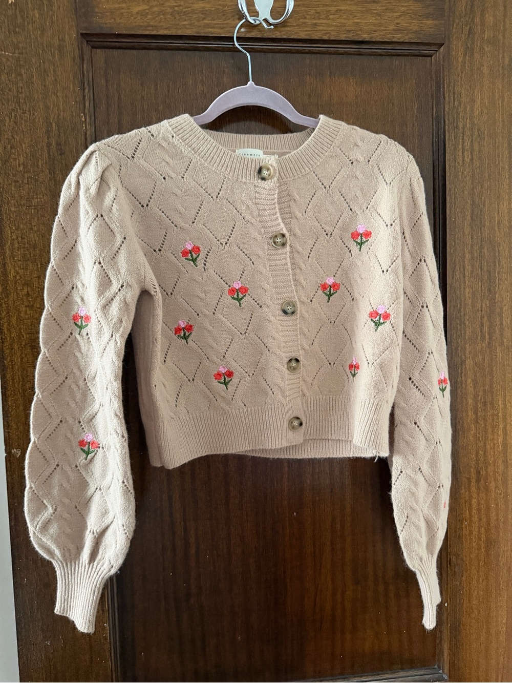 Crochet Diamond Knit Floral-Embroidered Cardigan - Beige Pink